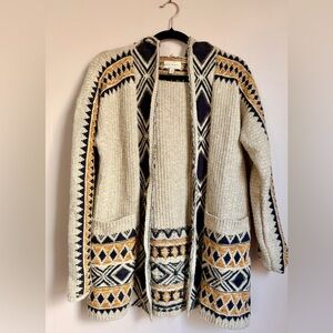 Lucky Brand Hooded Cardigan with Navy & Mustard Aztec Southwestern Pattern